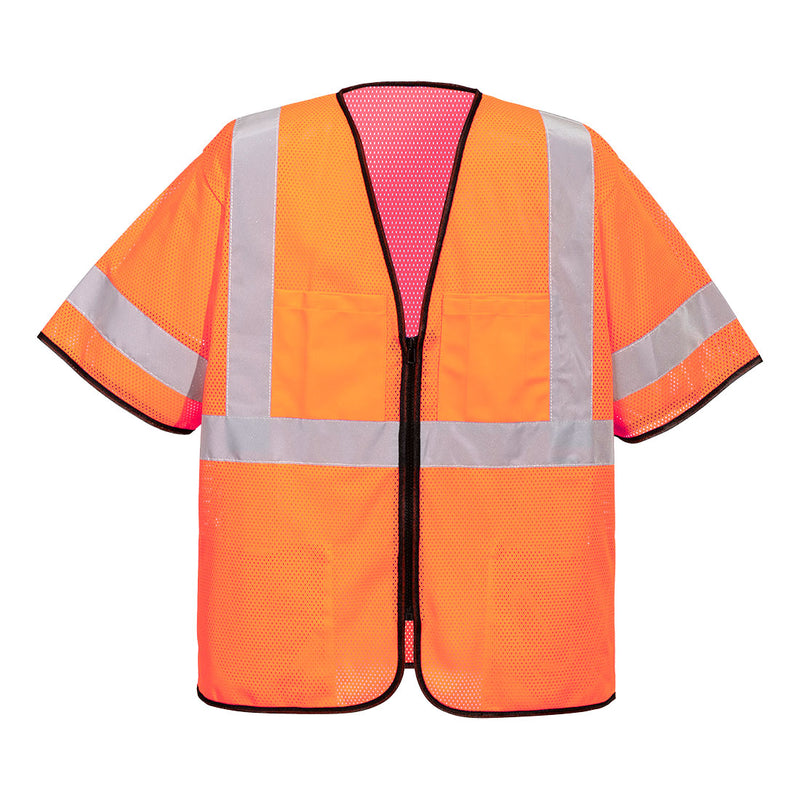 Front view of custom orange ANSI Class 3 mesh safety vest with sleeves