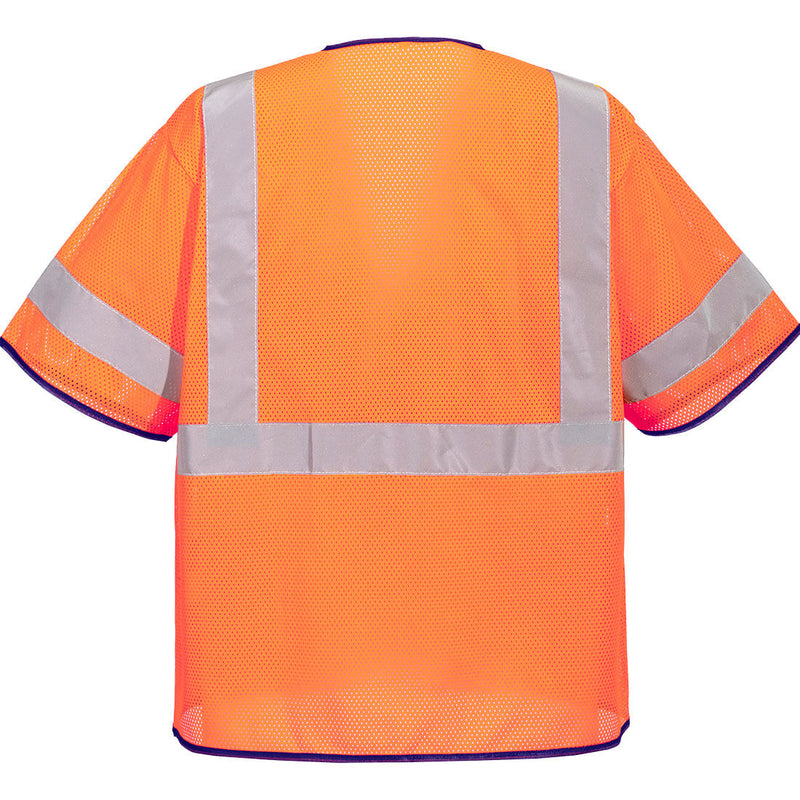 Back view of orange ANSI Class 3 mesh safety vest with sleeves
