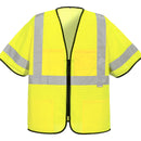 Front view of hi-vis yellow Class 3 mesh safety vest with sleeves and reflective stripes