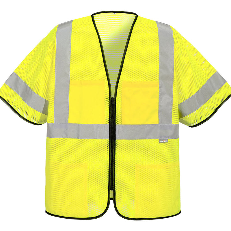 Front view of hi-vis yellow Class 3 mesh safety vest with sleeves and reflective stripes