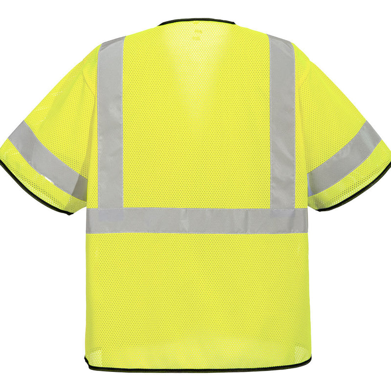 Back view of yellow ANSI Class 3 mesh safety vest with sleeves