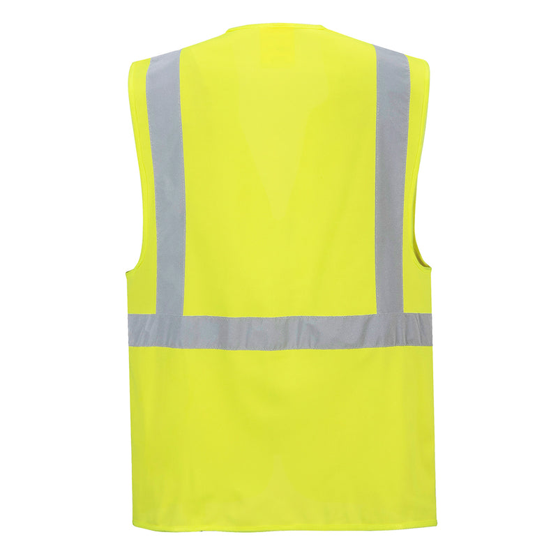 Back view of yellow ANSI Class 2 executive safety vest with silver reflective tape