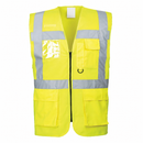 Front view of yellow ANSI Class 2 executive safety vest with reflective tape, ID holder and seven pockets