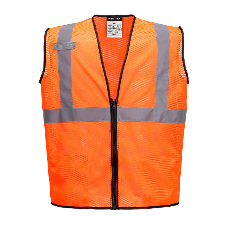 Front view of custom orange band-and-brace mesh safety vest