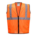 Front view of custom orange band-and-brace mesh safety vest