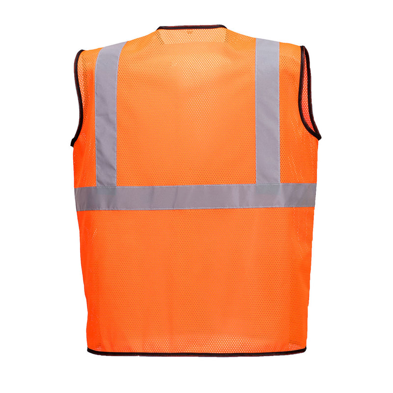 Back view of orange band-and-brace mesh safety vest with reflective tape