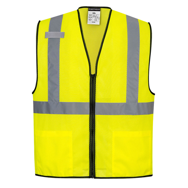 Front view of custom yellow band-and-brace mesh safety vest