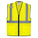Front view of custom yellow band-and-brace mesh safety vest