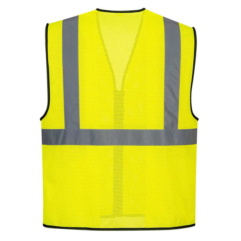 Back view of yellow band-and-brace mesh safety vest with reflective tape