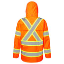 Back view of orange Class 3 X-back hi-vis rain jacket with contrast reflective tape