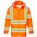 Front view of orange Class 3 X-back hi-vis rain jacket with contrast reflective tape