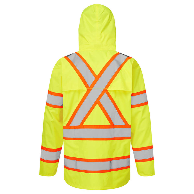 Back view of yellow Class 3 X-back hi-vis rain jacket with reflective tape