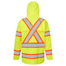 Back view of yellow Class 3 X-back hi-vis rain jacket with reflective tape