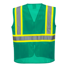 Load image into Gallery viewer, A back view of a customizable bottle green safety vest with reflective tape and pockets. The vest is blank, ready for customization with a company logo, name, or other design.

