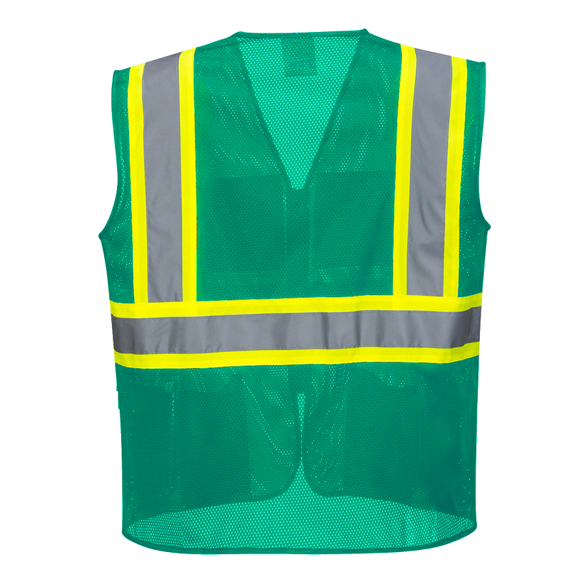 A back view of a customizable bottle green safety vest with reflective tape and pockets. The vest is blank, ready for customization with a company logo, name, or other design.