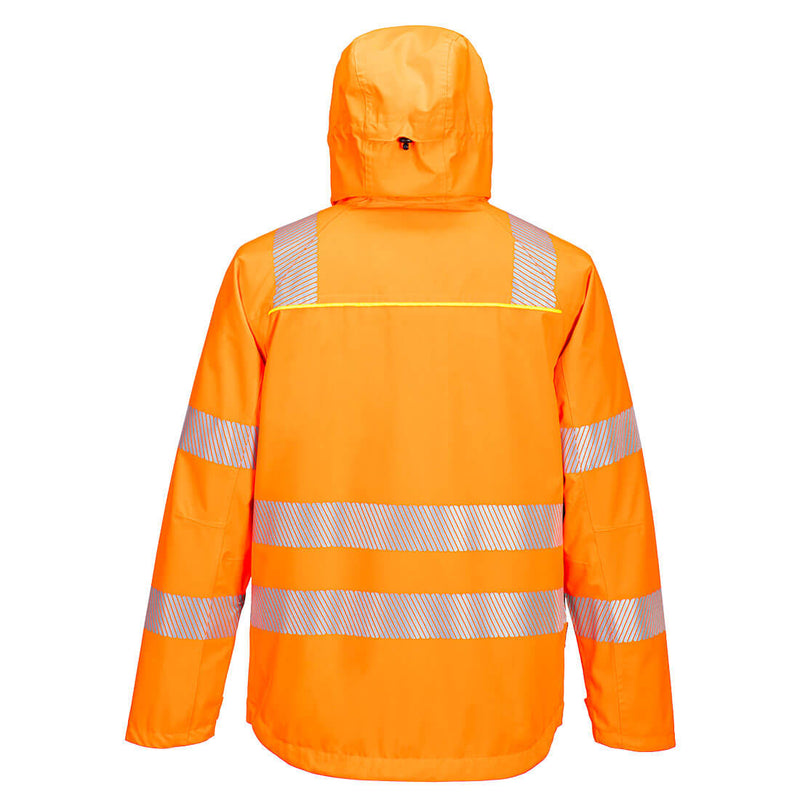 Back view of orange Class 3 stretch shell rain jacket with segmented reflective tape