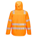 Back view of orange Class 3 stretch shell rain jacket with segmented reflective tape
