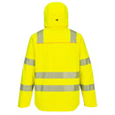 Back view of yellow Class 3 stretch shell rain jacket with segmented reflective tape