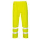 Back view of yellow Class E rain pants with reflective leg bands