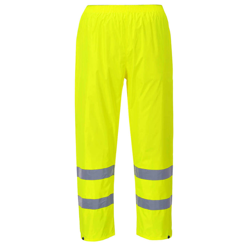 Front view of yellow Class E rain pants with reflective leg bands