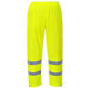 Front view of yellow Class E rain pants with reflective leg bands