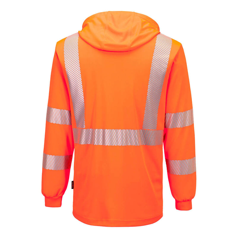 Back view of orange ANSI Class 3 hooded long-sleeve safety shirt