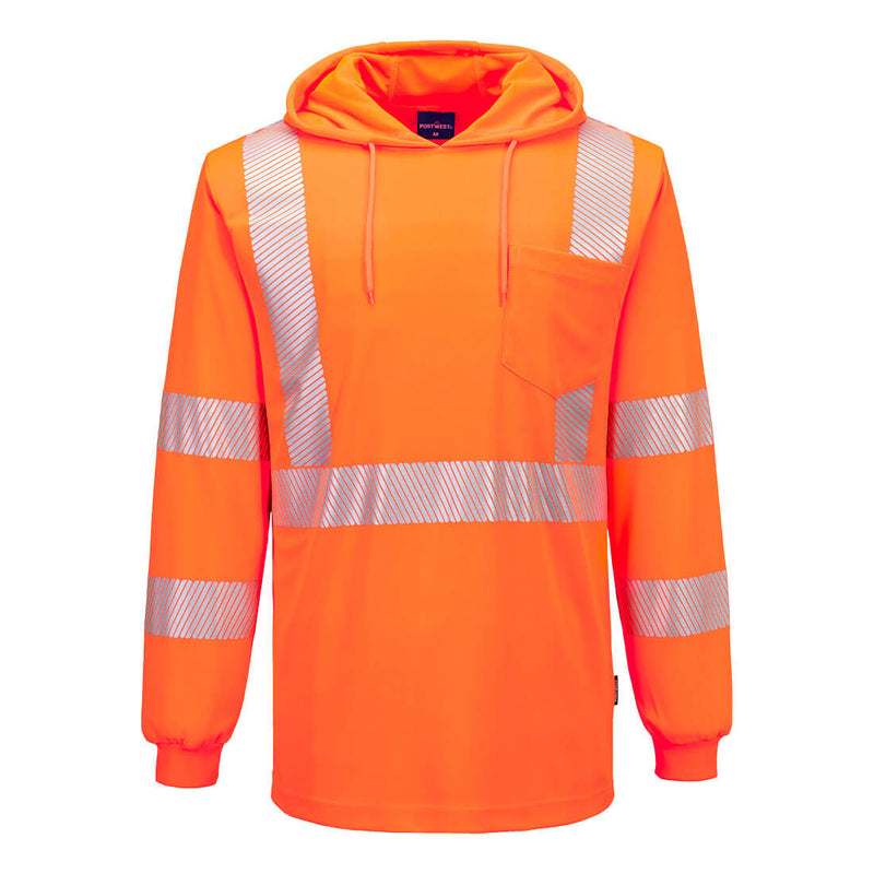 Front view of orange ANSI Class 3 hooded long-sleeve safety shirt