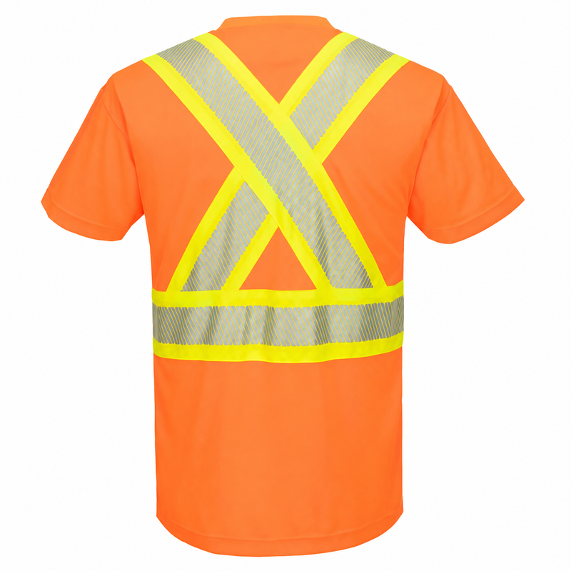 Back view of orange ANSI Class 2 short-sleeve safety T-shirt with segmented X-back reflective tape