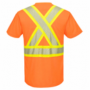 Back view of orange ANSI Class 2 short-sleeve safety T-shirt with segmented X-back reflective tape