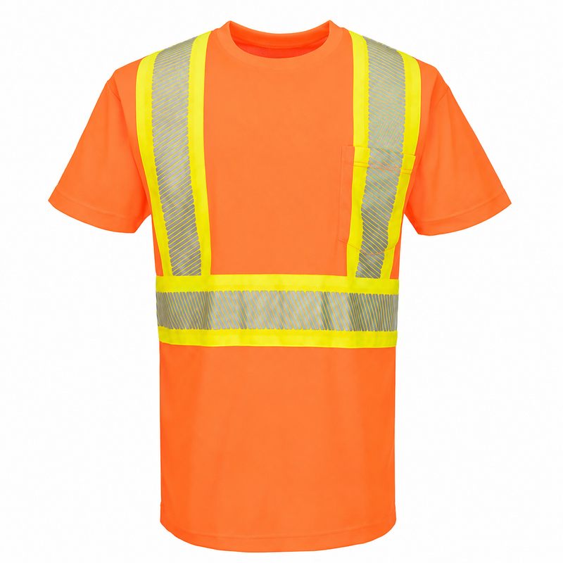 Front view of orange ANSI Class 2 short-sleeve safety T-shirt with segmented X-back reflective tape