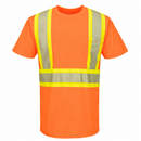 Front view of orange ANSI Class 2 short-sleeve safety T-shirt with segmented X-back reflective tape