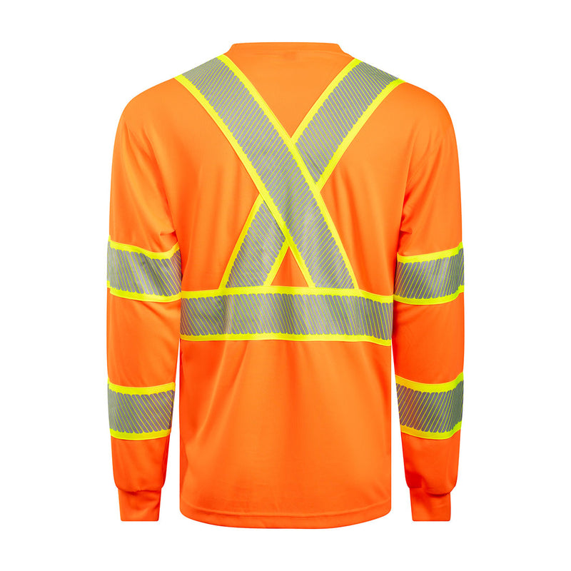 Back view of orange ANSI Class 3 long-sleeve safety shirt with segmented X-back reflective tape