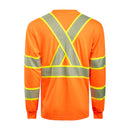 Back view of orange ANSI Class 3 long-sleeve safety shirt with segmented X-back reflective tape