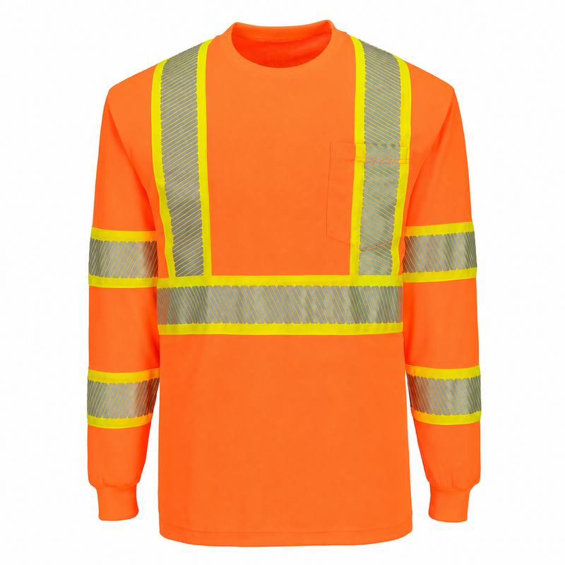 Front view of orange ANSI Class 3 long-sleeve safety shirt with segmented X-back reflective tape