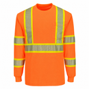 Front view of orange ANSI Class 3 long-sleeve safety shirt with segmented X-back reflective tape