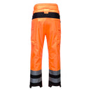 Back view of orange and black Class E rain pants with segmented reflective leg bands