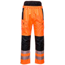 Front view of orange and black Class E rain pants with segmented reflective leg bands