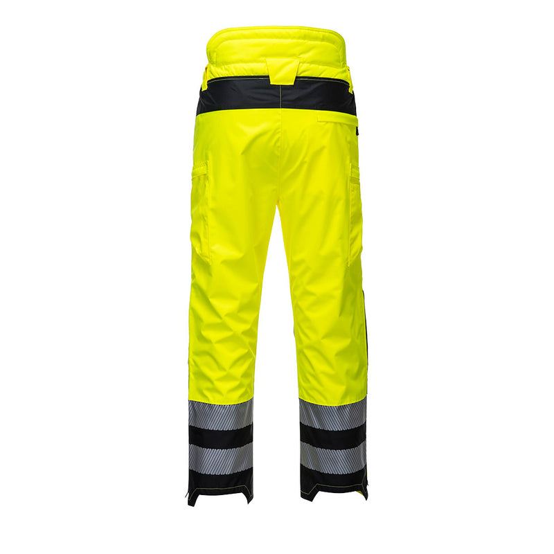 Back view of yellow and black Class E rain pants with segmented reflective leg bands