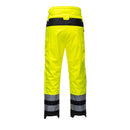 Back view of yellow and black Class E rain pants with segmented reflective leg bands