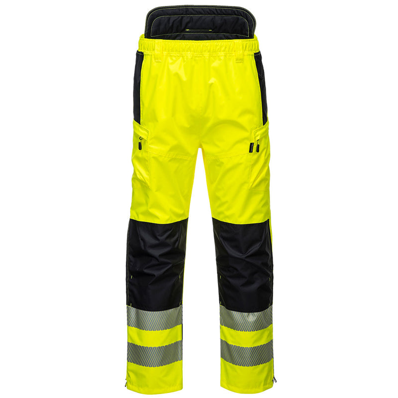 Front view of yellow and black Class E rain pants with segmented reflective leg bands