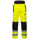 Front view of yellow and black Class E rain pants with segmented reflective leg bands