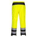 Back view of women’s yellow and black Class E rain pants with segmented reflective bands