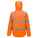 Back view of orange Class 3 packable hi-vis rain jacket with reflective tape