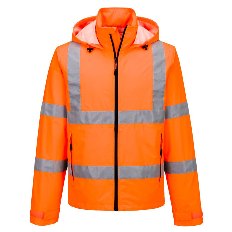 Front view of orange Class 3 packable hi-vis rain jacket with reflective tape