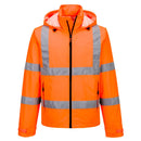 Front view of orange Class 3 packable hi-vis rain jacket with reflective tape