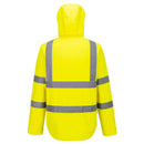 Back view of yellow Class 3 packable hi-vis rain jacket with reflective tape