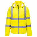 Front view of yellow Class 3 packable hi-vis rain jacket with reflective tape
