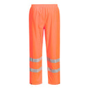 Back view of orange Class E rain pants with two reflective bands on each leg