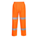 Front view of orange Class E rain pants with two reflective bands on each leg