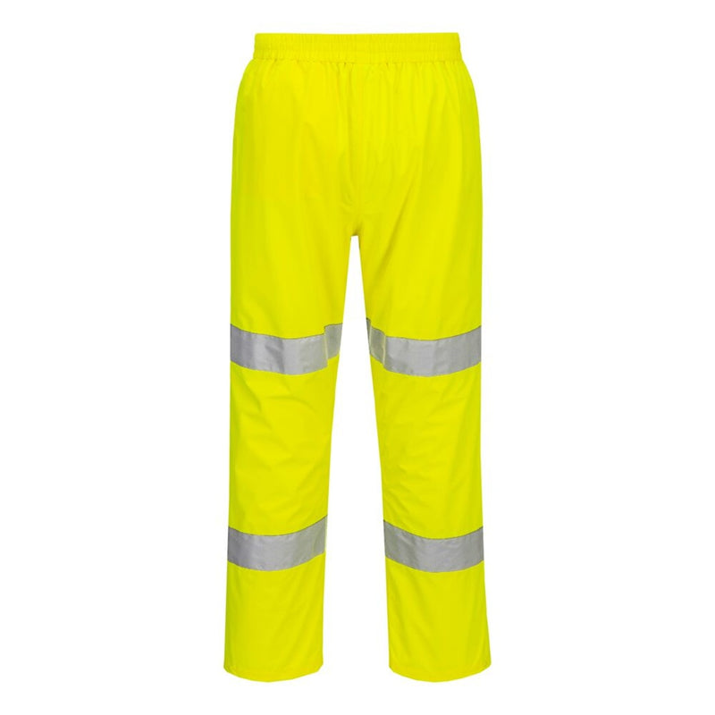 Back view of yellow Class E rain pants with two reflective bands on each leg